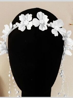 White Floral Pearl Flower Crown Hair Wreath Headpiece Adjustable